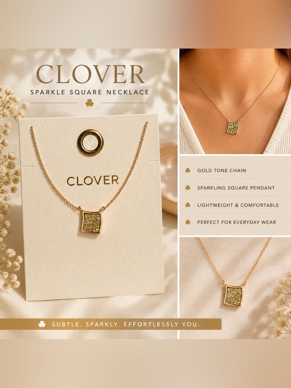 Clover Green Sparkling Square Necklace